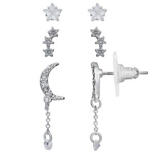 LC Lauren Conrad Moon & Stars Stud & Drop Earring Trio Set Silver/Cubic Zirconia